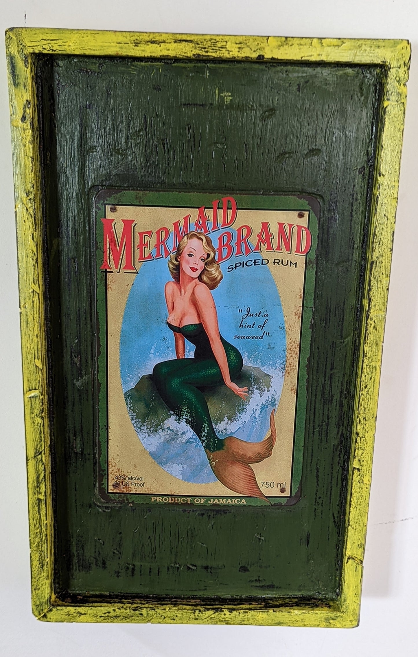 Rustic Vintage Sign Art Piece on Custom Distressed Wood Mermaid Brand Spiced Rum Sign One of a kind Handmade Art Piece